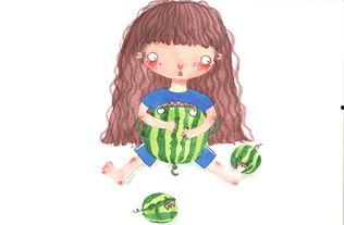 夏日吃瓜儿童插画,吃瓜小精灵的欢乐时光